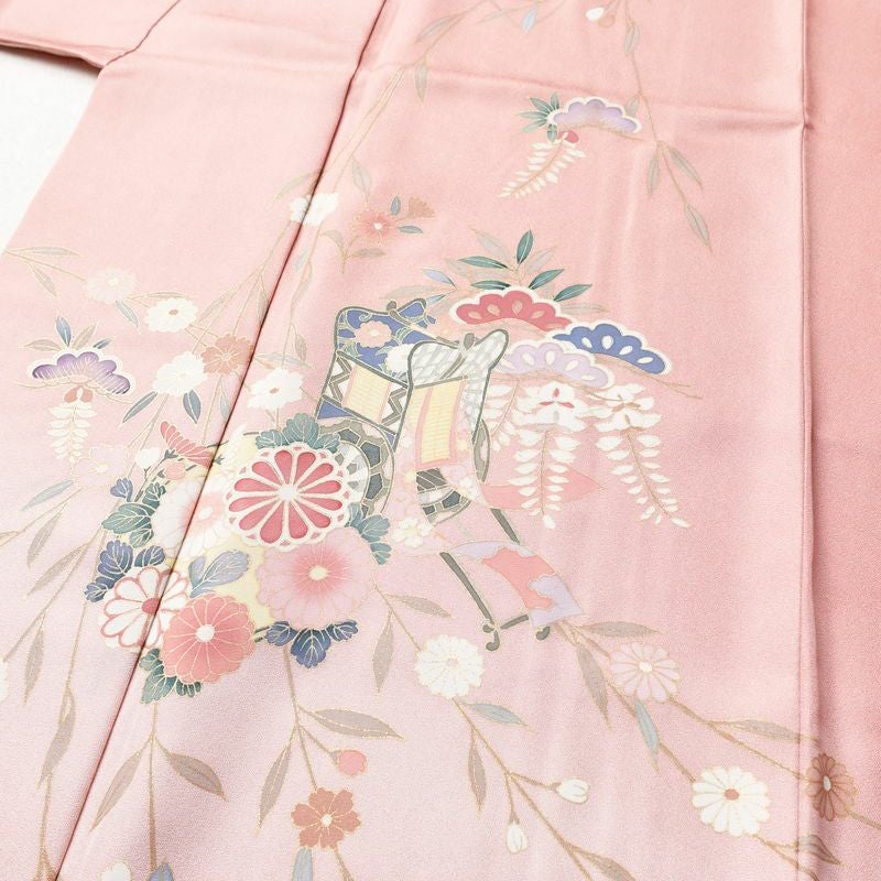 訪問着 正絹 古典柄 身丈163cm 裄丈65.5cm 箔 金彩 御所車 梅 松 菊 ピンク_画像5