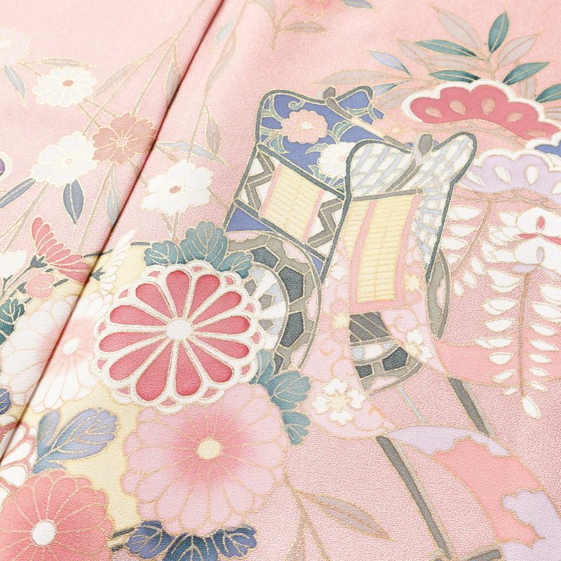 訪問着 正絹 古典柄 身丈163cm 裄丈65.5cm 箔 金彩 御所車 梅 松 菊 ピンク_画像6