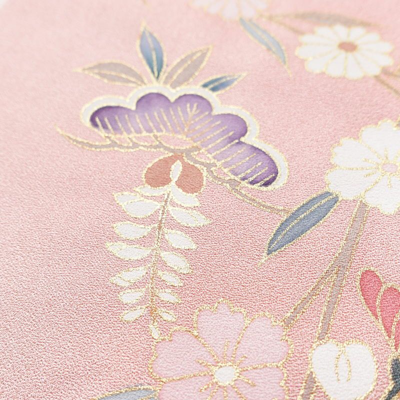 訪問着 正絹 古典柄 身丈163cm 裄丈65.5cm 箔 金彩 御所車 梅 松 菊 ピンク_画像7