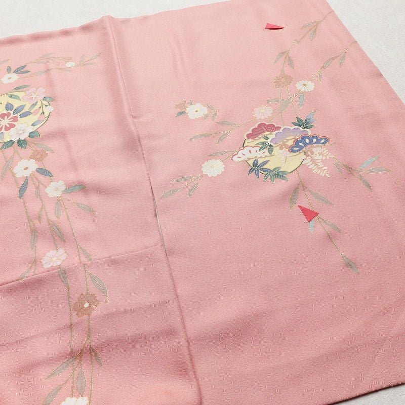 訪問着 正絹 古典柄 身丈163cm 裄丈65.5cm 箔 金彩 御所車 梅 松 菊 ピンク_画像14