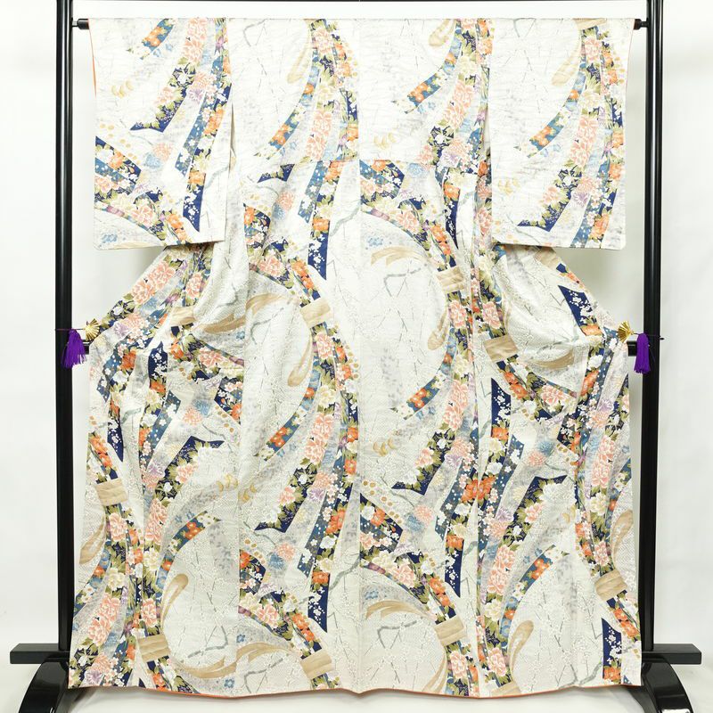 小紋 正絹 古典柄 袷仕立て 身丈165cm 裄丈65.5cm 箔 熨斗目 金彩 白_画像1