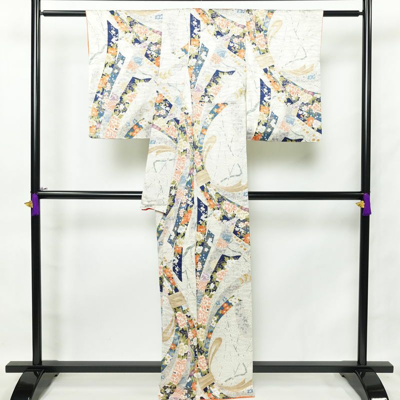 小紋 正絹 古典柄 袷仕立て 身丈165cm 裄丈65.5cm 箔 熨斗目 金彩 白_画像2