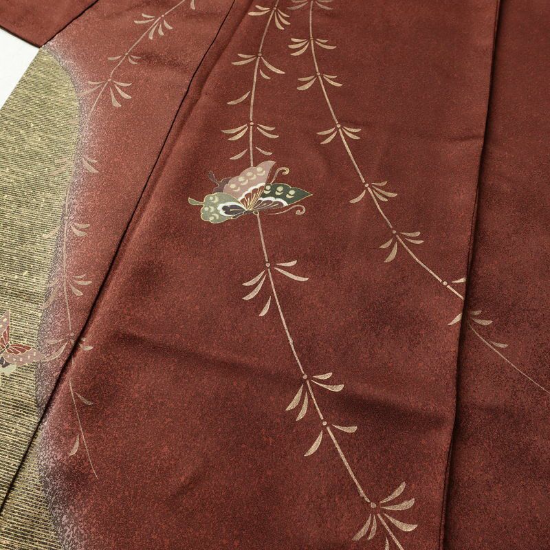 訪問着 良品 正絹 蝶・昆虫柄 袷仕立て 身丈157.5cm 裄丈65cm 箔 一部しつけ糸付き 茶_画像5