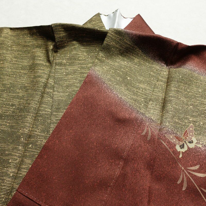 訪問着 良品 正絹 蝶・昆虫柄 袷仕立て 身丈157.5cm 裄丈65cm 箔 一部しつけ糸付き 茶_画像15