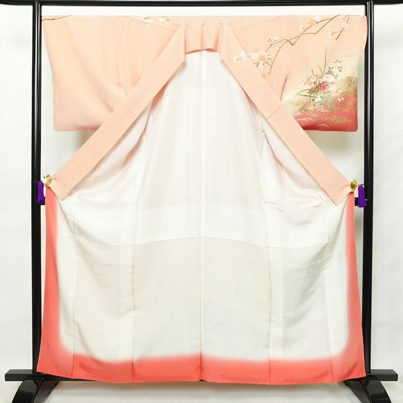 訪問着 縮緬 正絹 古典柄 袷仕立て 身丈160cm 裄丈69cm 箔 梅 菊 萩 ピンク_画像3