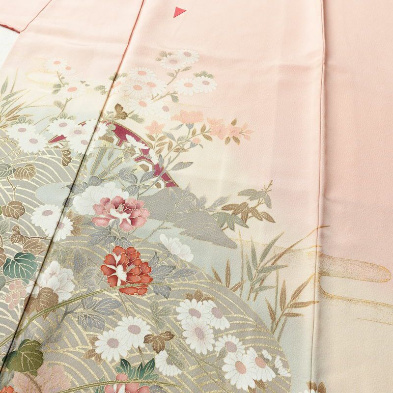 訪問着 縮緬 正絹 古典柄 袷仕立て 身丈160cm 裄丈69cm 箔 梅 菊 萩 ピンク_画像5