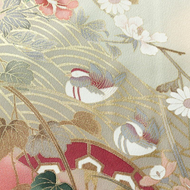 訪問着 縮緬 正絹 古典柄 袷仕立て 身丈160cm 裄丈69cm 箔 梅 菊 萩 ピンク_画像8