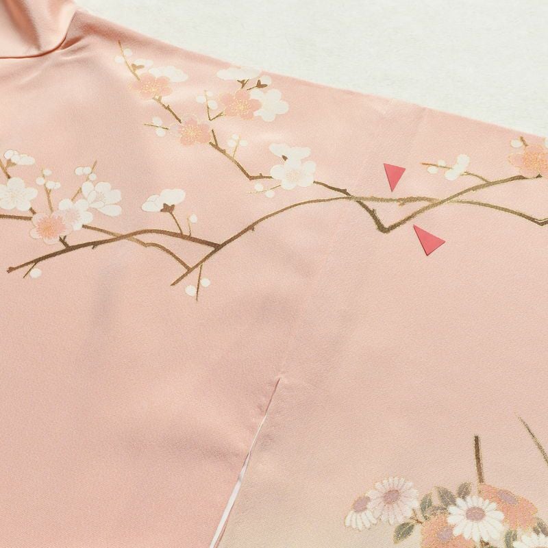 訪問着 縮緬 正絹 古典柄 袷仕立て 身丈160cm 裄丈69cm 箔 梅 菊 萩 ピンク_画像12