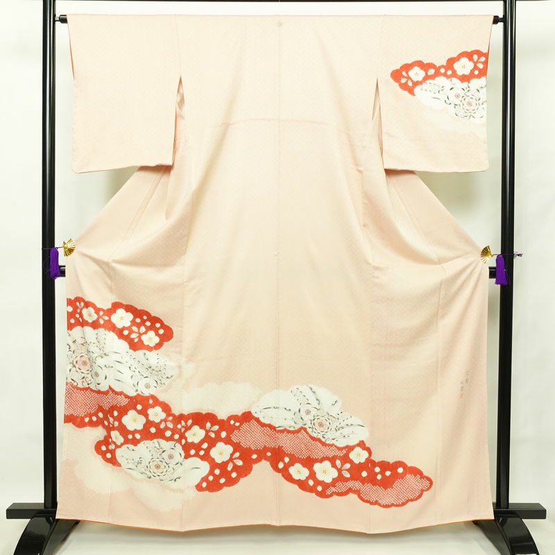 付け下げ 良品 しつけ糸付き 絞り 一つ紋付き 正絹 花柄 袷仕立て 身丈162cm 裄丈65cm ピンク_画像1