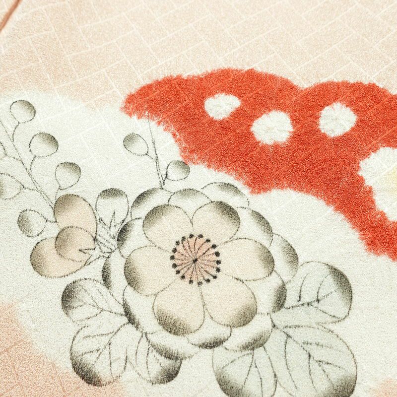 付け下げ 良品 しつけ糸付き 絞り 一つ紋付き 正絹 花柄 袷仕立て 身丈162cm 裄丈65cm ピンク_画像17