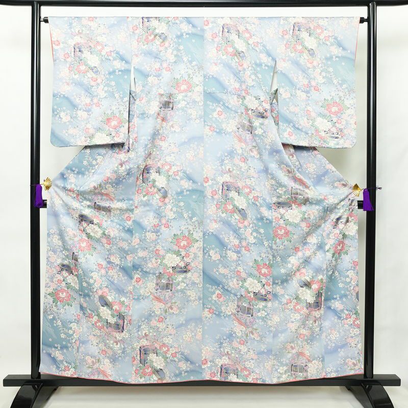 小紋 正絹 花柄 袷仕立て 身丈157.5cm 裄丈65.5cm 金彩 青・紺_画像1