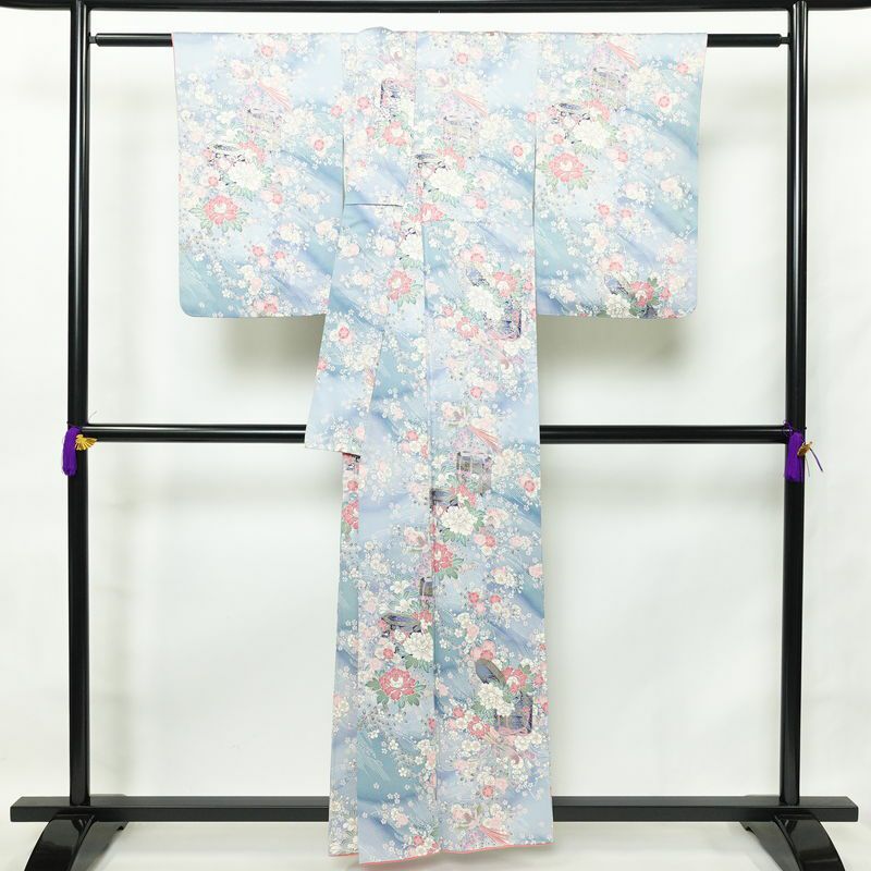 小紋 正絹 花柄 袷仕立て 身丈157.5cm 裄丈65.5cm 金彩 青・紺_画像2