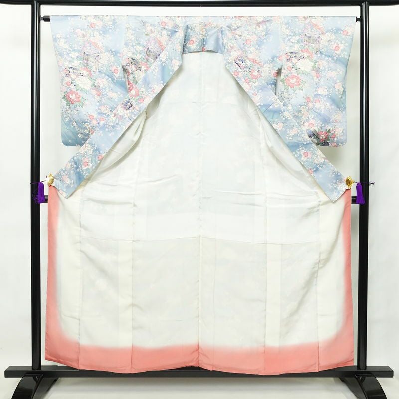 小紋 正絹 花柄 袷仕立て 身丈157.5cm 裄丈65.5cm 金彩 青・紺_画像3