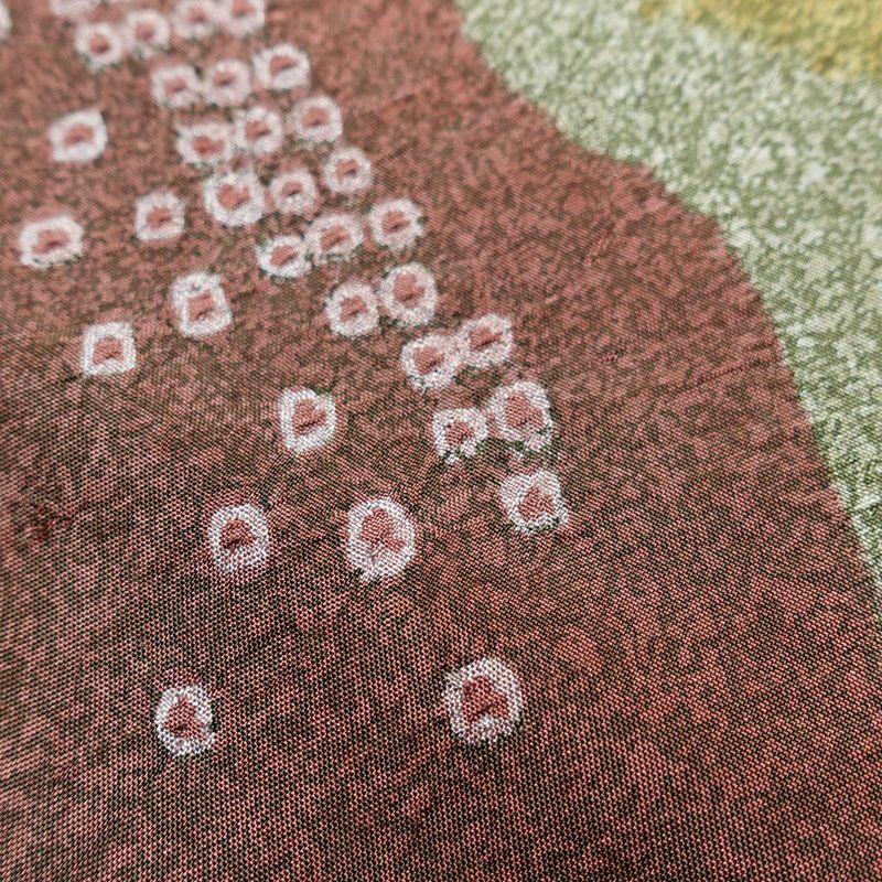 付け下げ 良品 絞り たたき染め 正絹 風景柄 袷仕立て 身丈157cm 裄丈65cm 箔 共八掛 緑・うぐいす色_画像8