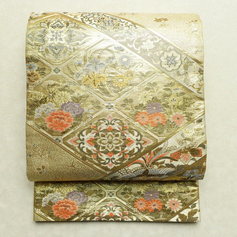 袋帯 本金二重箔 扇面花鳥 文六通柄 良品 フォーマル用 正絹 古典柄 箔