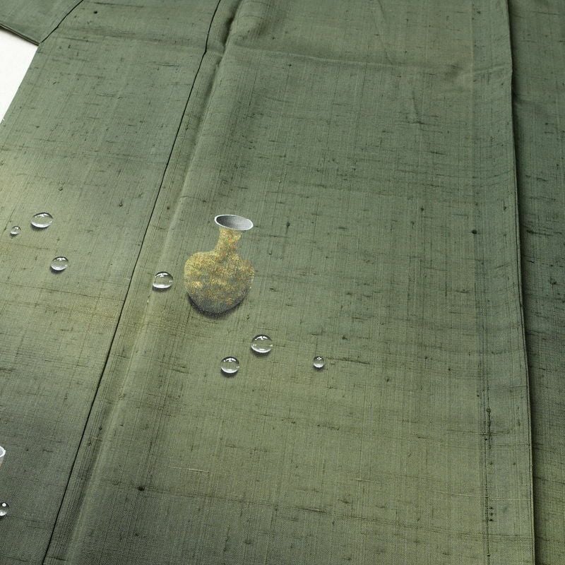付け下げ 紬地 落款入り しつけ糸付き 正絹 その他の柄 袷仕立て 身丈166cm 裄丈70cm 箔 緑・うぐいす色_画像5