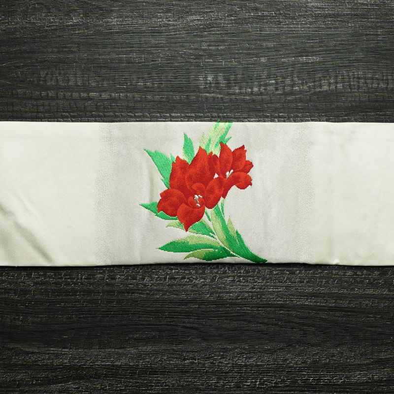 名古屋帯 太鼓柄 正絹 花柄 名古屋仕立て 刺繍 白_画像14