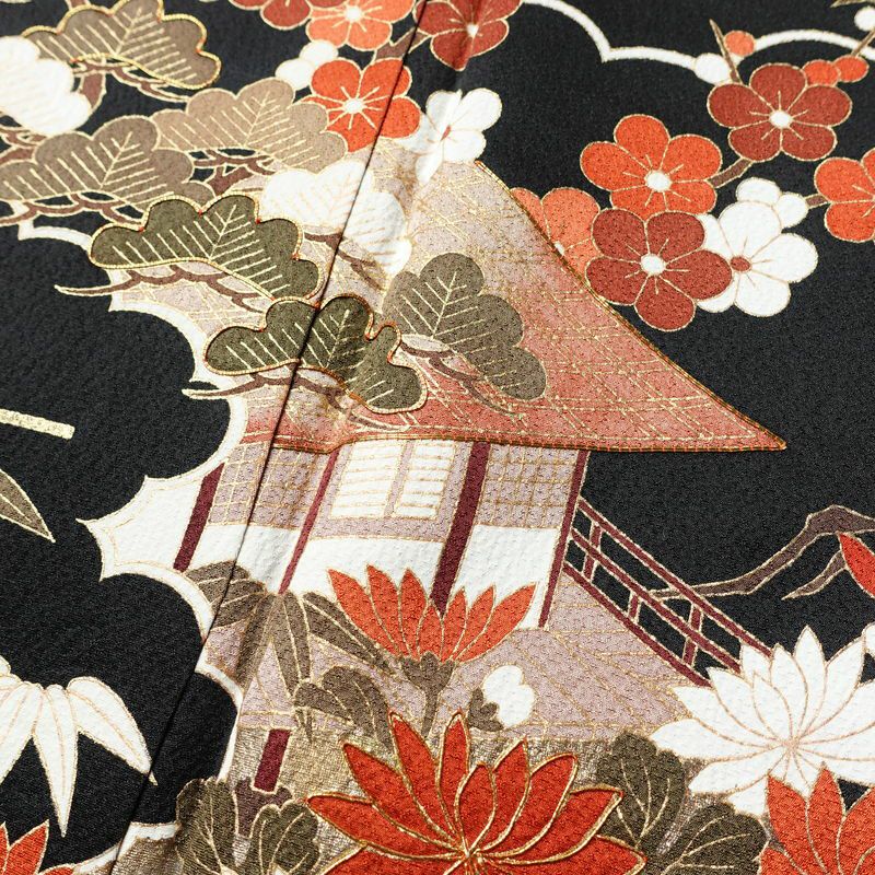 振袖 良品 金駒刺繍 正絹 風景柄 袷仕立て 身丈172cm 裄丈71cm 箔 金彩 モダン 成人式 黒_画像6