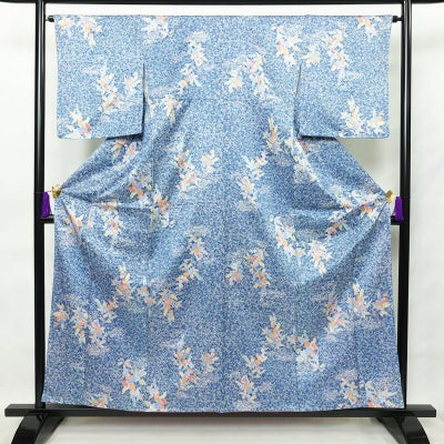 小紋 しつけ糸付き ポリエステル 花柄 袷仕立て 身丈157.5cm 裄丈65cm 青・紺