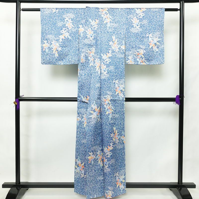 小紋 しつけ糸付き ポリエステル 花柄 袷仕立て 身丈157.5cm 裄丈65cm 青・紺_画像2