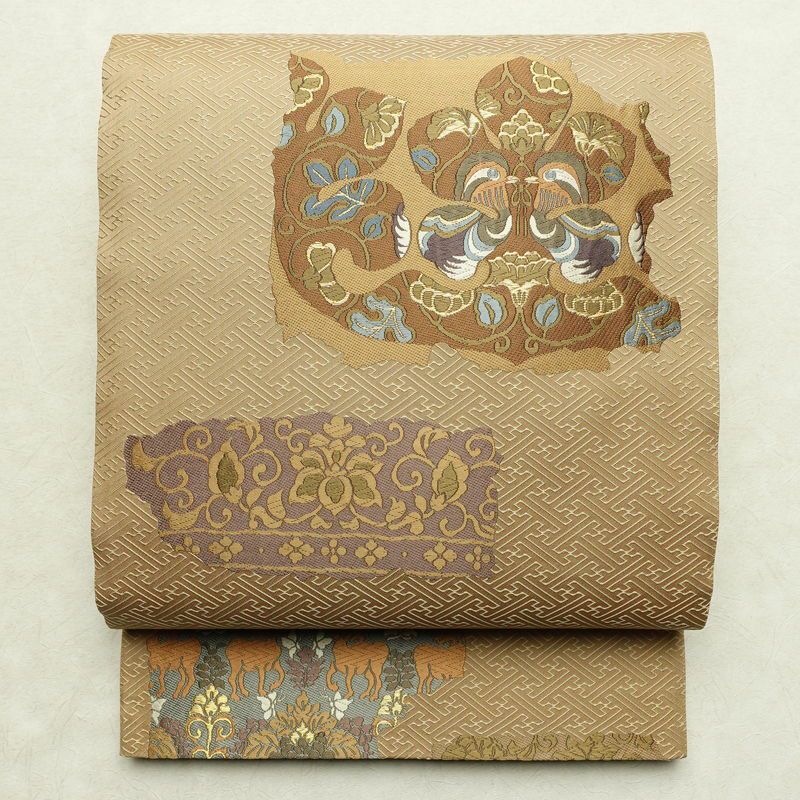 袋帯 六通柄 良品 一般用 正絹 幾何学柄・抽象柄 金糸 帯 黄・黄土色_画像1