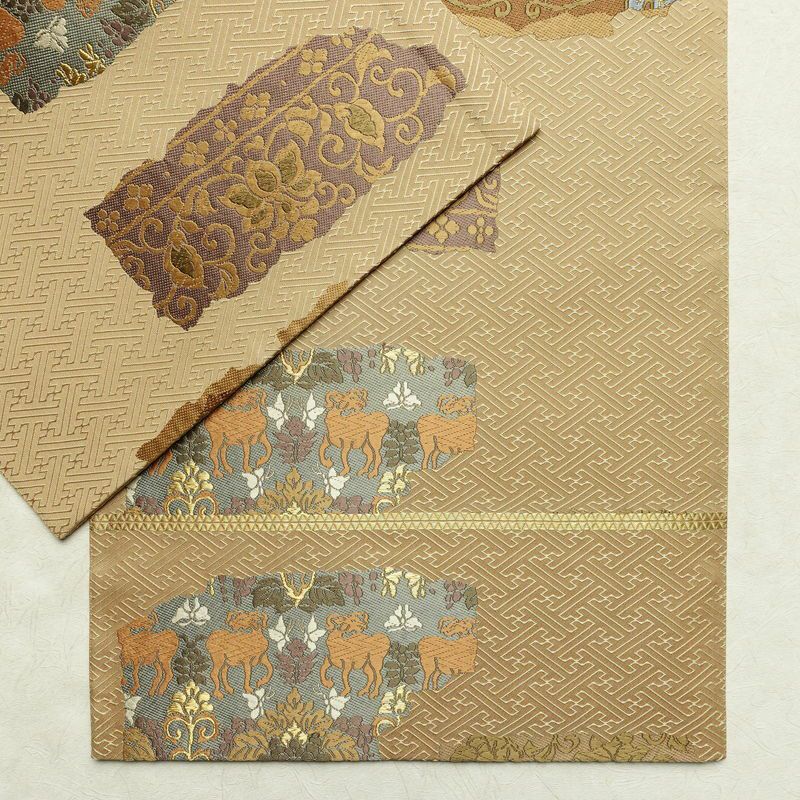 袋帯 六通柄 良品 一般用 正絹 幾何学柄・抽象柄 金糸 帯 黄・黄土色_画像13