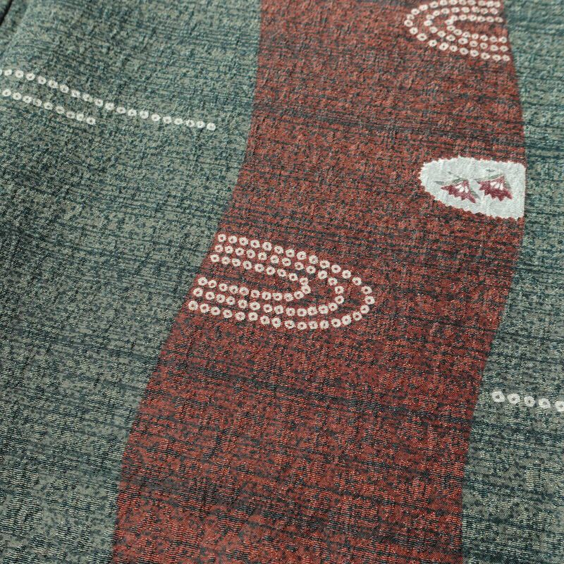 小紋 しつけ糸付き ポリエステル 古典柄 袷仕立て 身丈161.5cm 裄丈65cm 着物 緑・うぐいす色_画像6