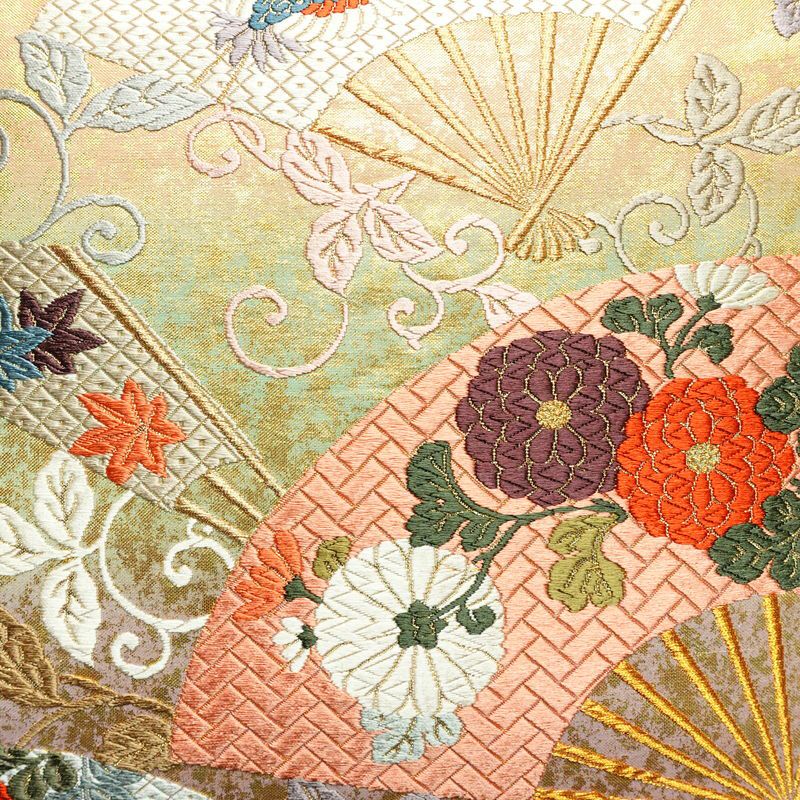 袋帯 六通柄 良品 フォーマル用 正絹 古典柄 箔 刺繍 金糸 帯 扇子 鶴 菊 多色使い_画像2