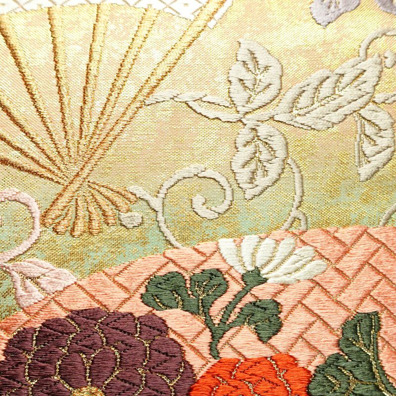 袋帯 六通柄 良品 フォーマル用 正絹 古典柄 箔 刺繍 金糸 帯 扇子 鶴 菊 多色使い_画像4