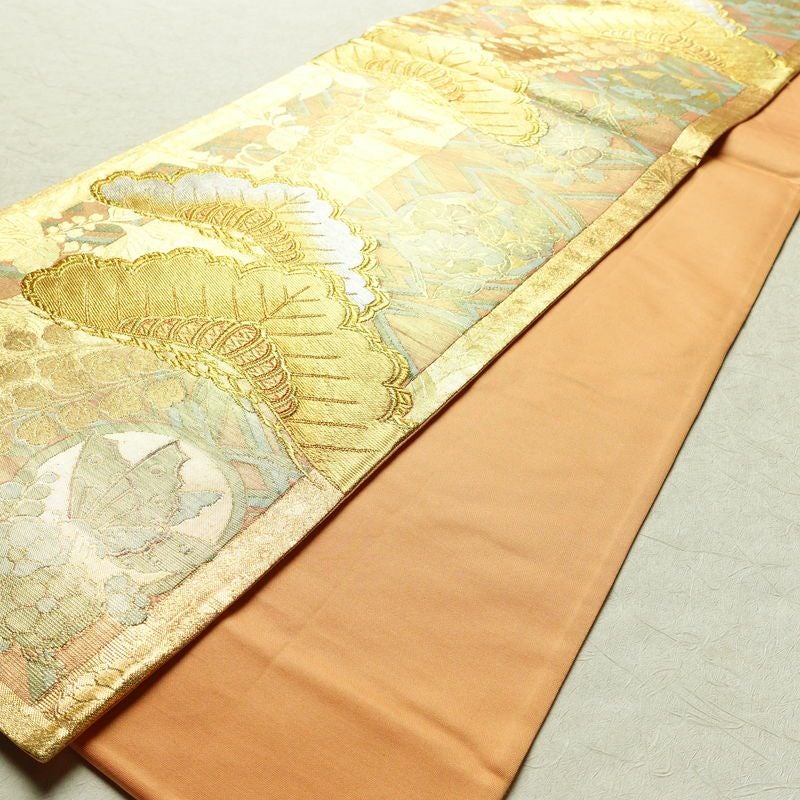 袋帯 六通柄 良品 正絹 木の葉・植物柄 箔 金糸 松 藤 蝶 帯 金・銀_画像8
