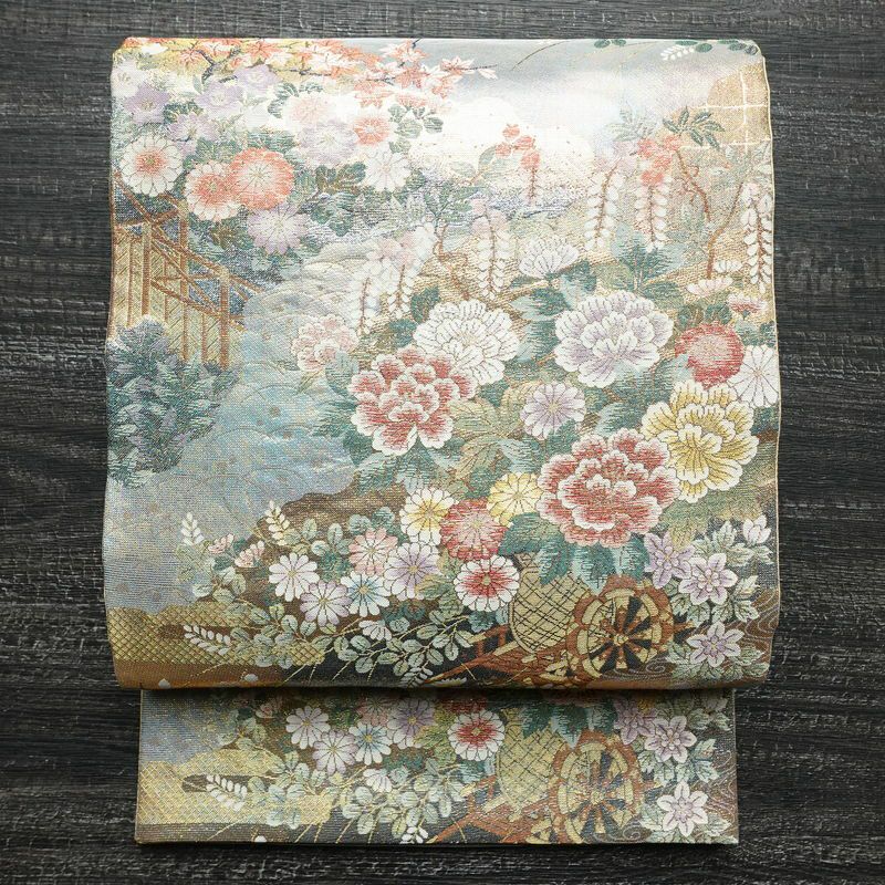 袋帯 本金二重箔 扇面花鳥 文六通柄 良品 フォーマル用 正絹 古典柄 箔
