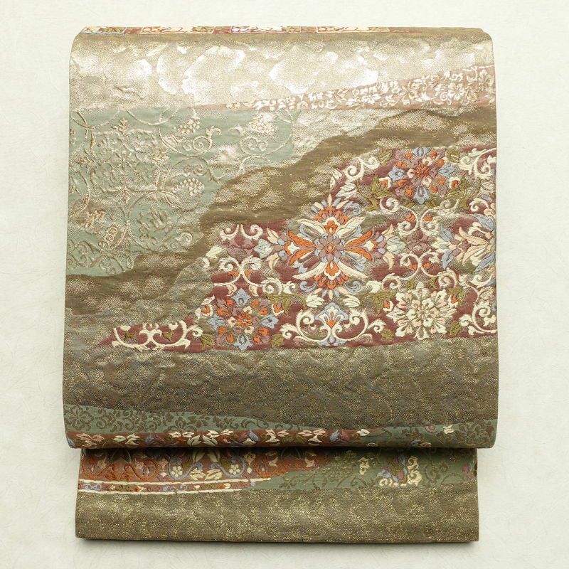 正絹 青緑と金の植物模様 袋帯 良品 袋帯 全通柄 良品 フォーマル用 正絹 木の葉・植物柄 金糸 帯 茶 | 全