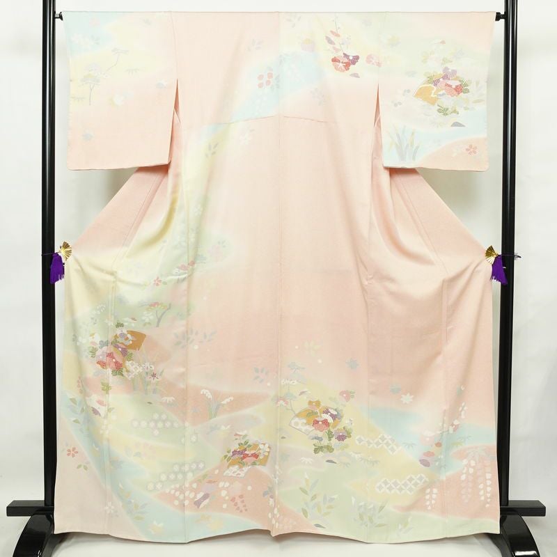 訪問着 美品 しつけ糸付き 正絹 古典柄 袷仕立て 身丈164cm 裄丈66.5cm 箔 フォーマル 菊 亀甲 扇面 着物 ピンク_画像1