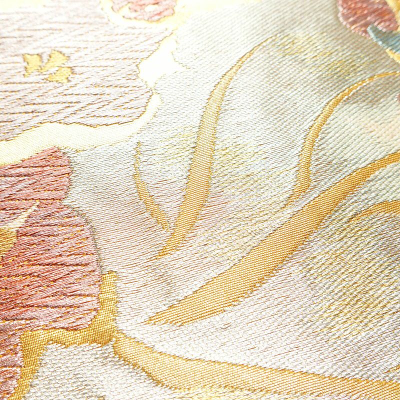 袋帯 六通柄 良品 フォーマル用 正絹 木の葉・植物柄 箔 金糸 帯 金・銀_画像5