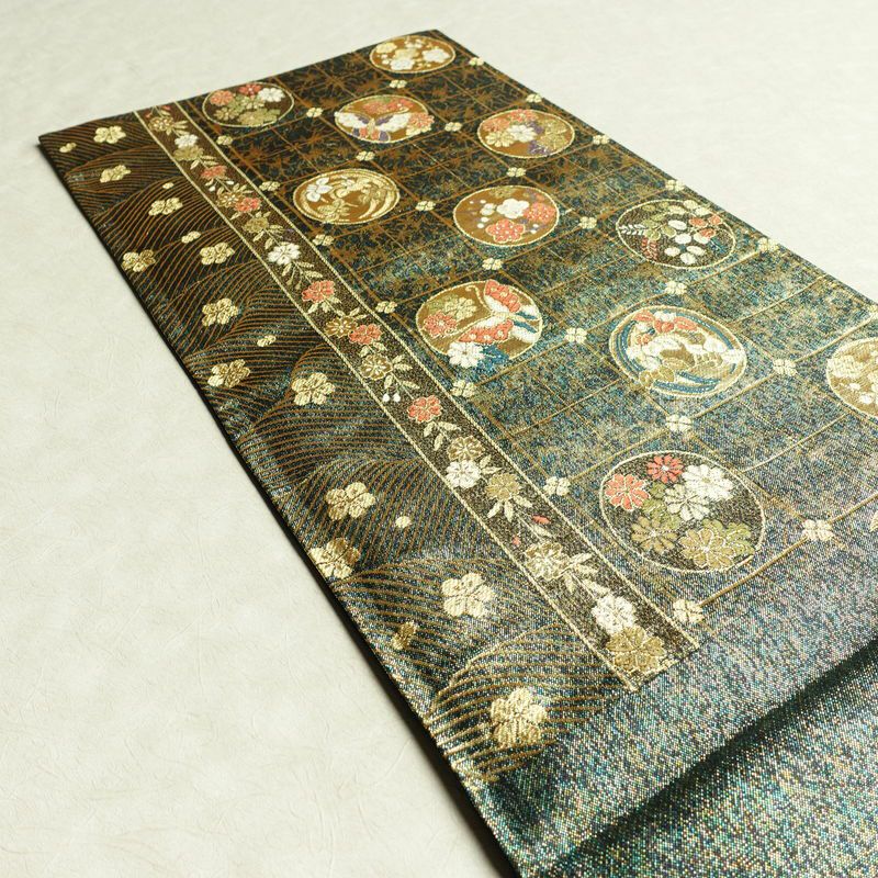袋帯 六通柄 美品 フォーマル用 正絹 古典柄 箔 金糸 帯 蝶 菊 梅 緑・うぐいす色_画像19