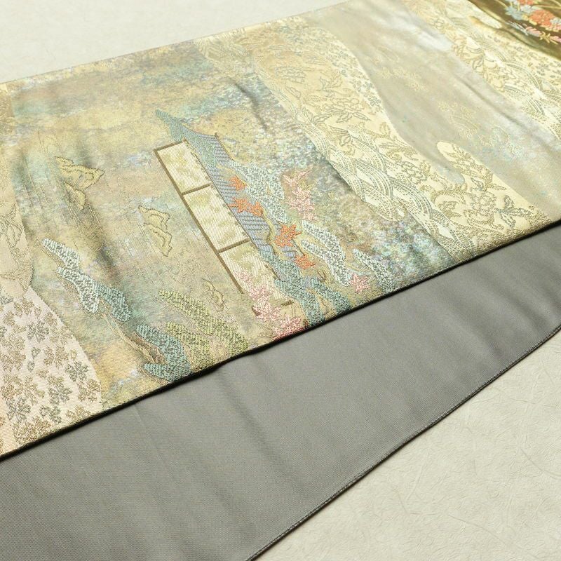 袋帯 六通柄 美品 正絹 風景柄 箔 金糸 帯 多色使い_画像11