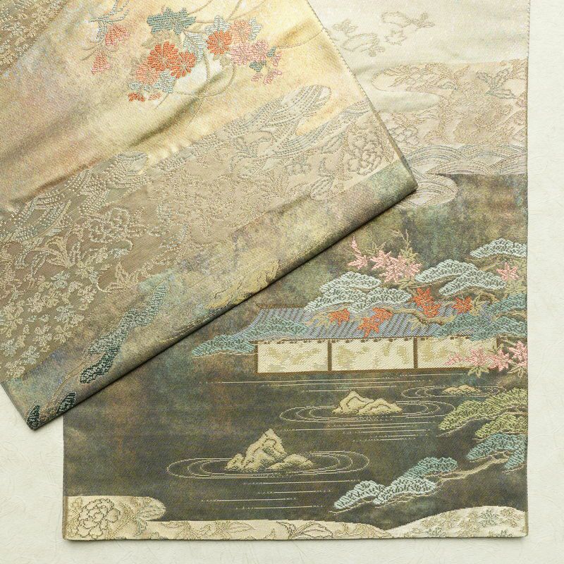袋帯 六通柄 美品 正絹 風景柄 箔 金糸 帯 多色使い_画像13