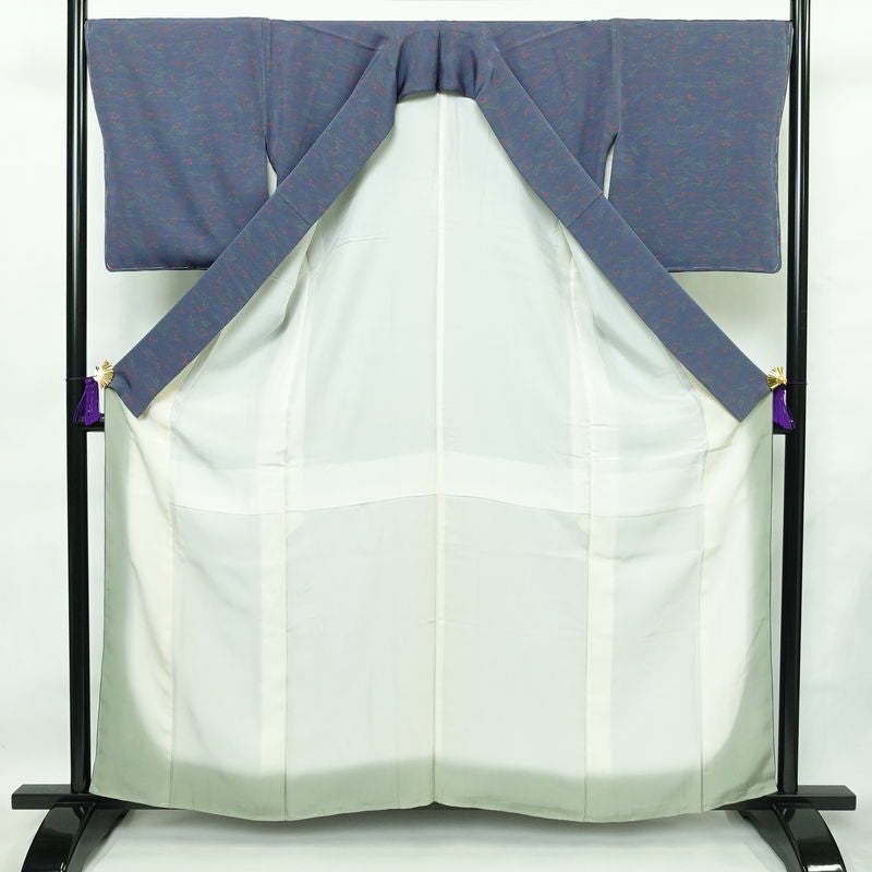 小紋 しつけ糸付き 縮緬 総柄 正絹 古典柄 袷仕立て 身丈160cm 裄丈69.5cm 着物 青・紺_画像3