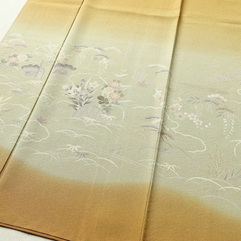 訪問着 良品 縮緬 一つ紋付き 正絹 古典柄 袷仕立て 身丈162cm 裄丈65.5cm 箔 共八掛 フォーマル 着物 黄・黄土色_画像4