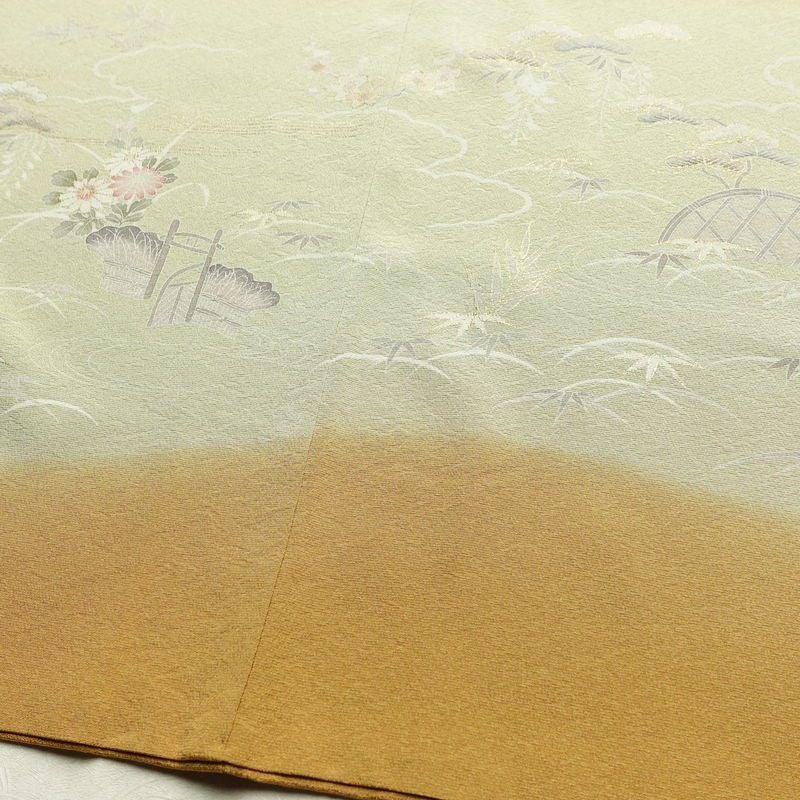 訪問着 良品 縮緬 一つ紋付き 正絹 古典柄 袷仕立て 身丈162cm 裄丈65.5cm 箔 共八掛 フォーマル 着物 黄・黄土色_画像12