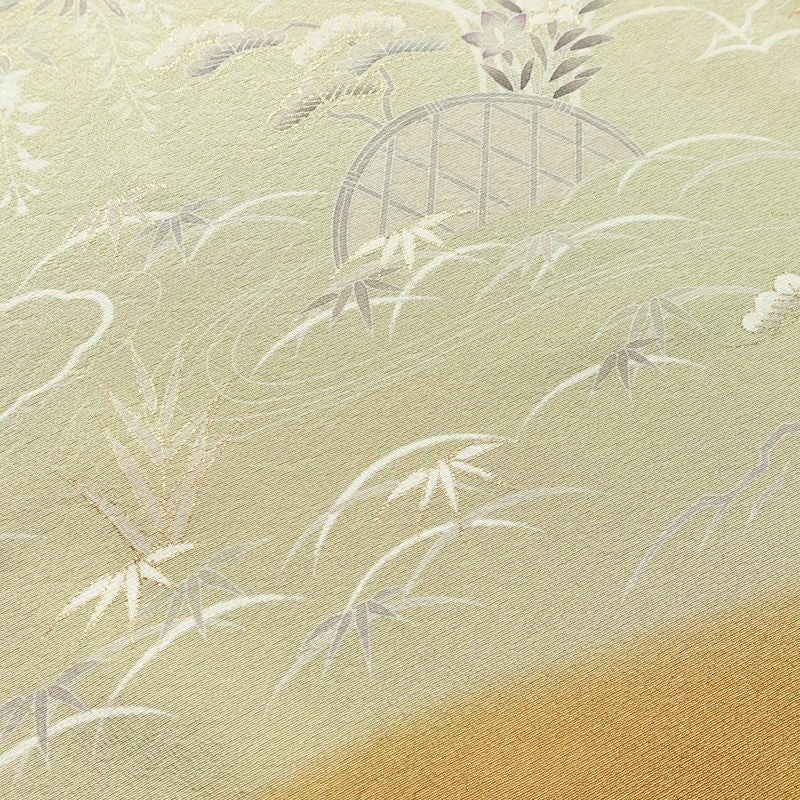 訪問着 良品 縮緬 一つ紋付き 正絹 古典柄 袷仕立て 身丈162cm 裄丈65.5cm 箔 共八掛 フォーマル 着物 黄・黄土色_画像13