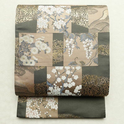 袋帯 六通柄 フォーマル用 正絹 古典柄 花柄 金糸 帯 緑・うぐいす色