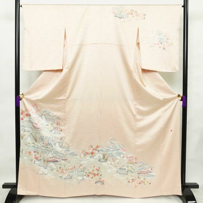訪問着 良品 落款入り しつけ糸付き 綸子 正絹 風景柄 袷仕立て 身丈165cm 裄丈67cm フォーマル 着物 ピンク