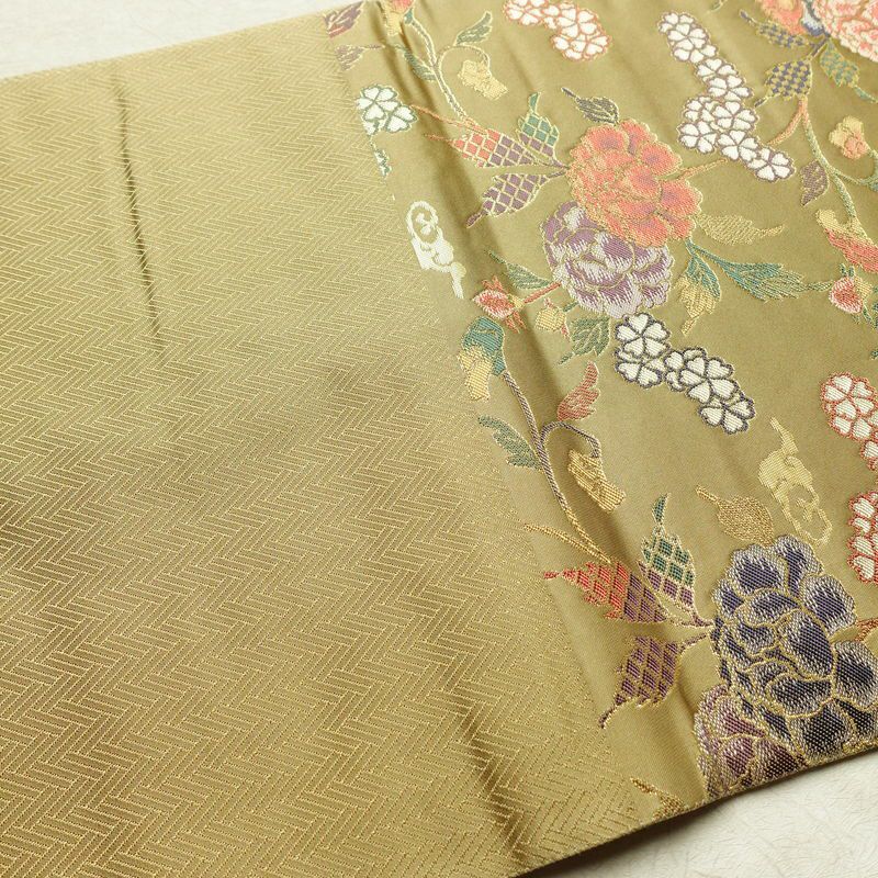 袋帯 六通柄 美品 フォーマル用 正絹 花柄 金糸 帯 油色 お洒落 黄・黄土色_画像16