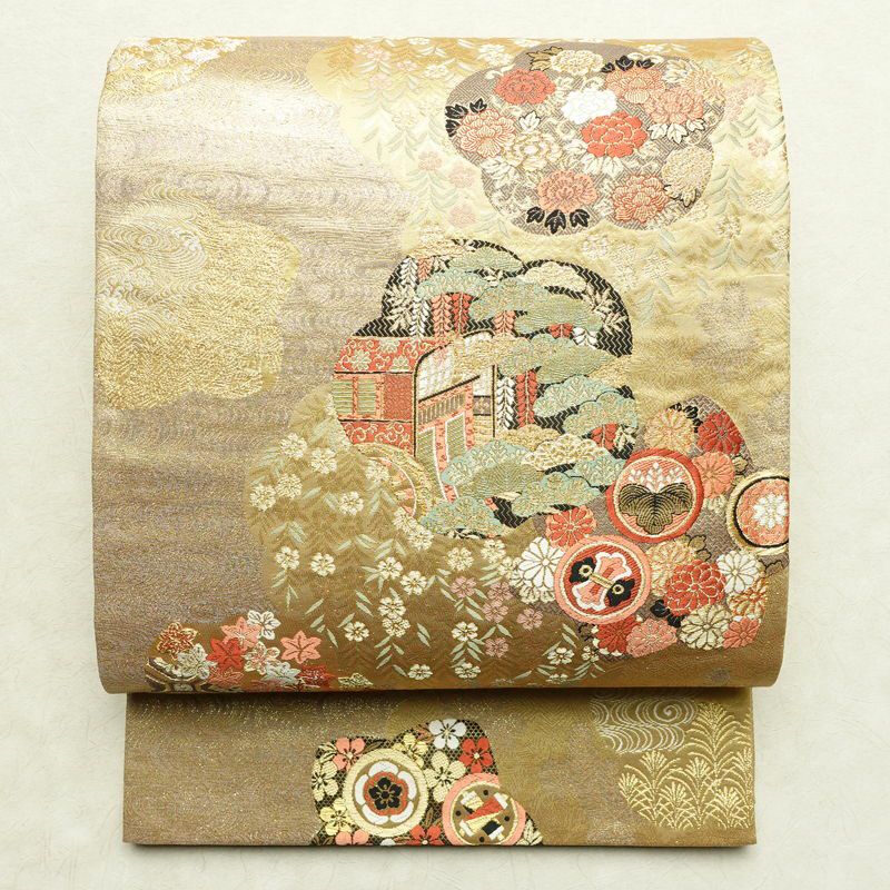 袋帯 正絹 金糸 花鳥文様 金色ｘ多色 六通柄 フォーマル 礼装 長さ448cm【中古】 【キモノオフ野々市若松店】 袋帯 本金二重箔 重ね扇花鳥文 六通柄 フォーマル用 正絹 古典柄 金