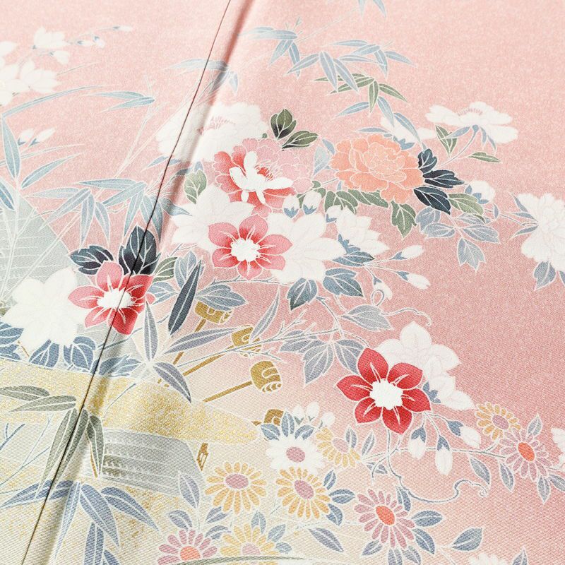 訪問着 美品 縮緬 一つ紋付き 正絹 風景柄 袷仕立て 身丈159.5cm 裄丈69.5cm 箔 金彩 フォーマル 着物 ピンク_画像6