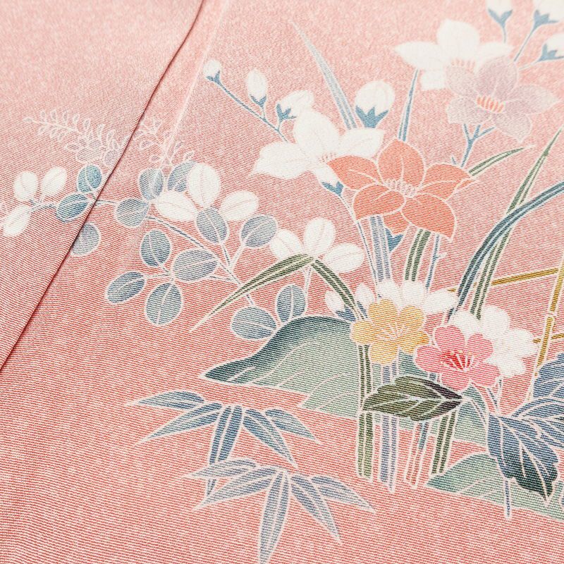 訪問着 美品 縮緬 一つ紋付き 正絹 風景柄 袷仕立て 身丈159.5cm 裄丈69.5cm 箔 金彩 フォーマル 着物 ピンク_画像18