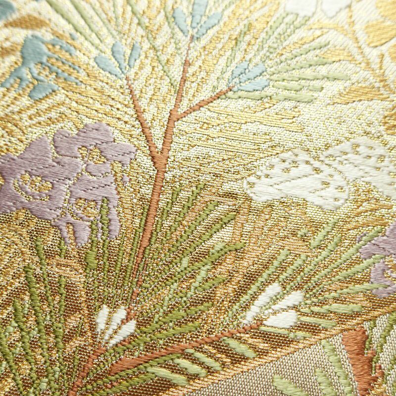 袋帯 服部織物 六通柄 フォーマル用 正絹 木の葉・植物柄 箔 金糸 帯 金・銀_画像3