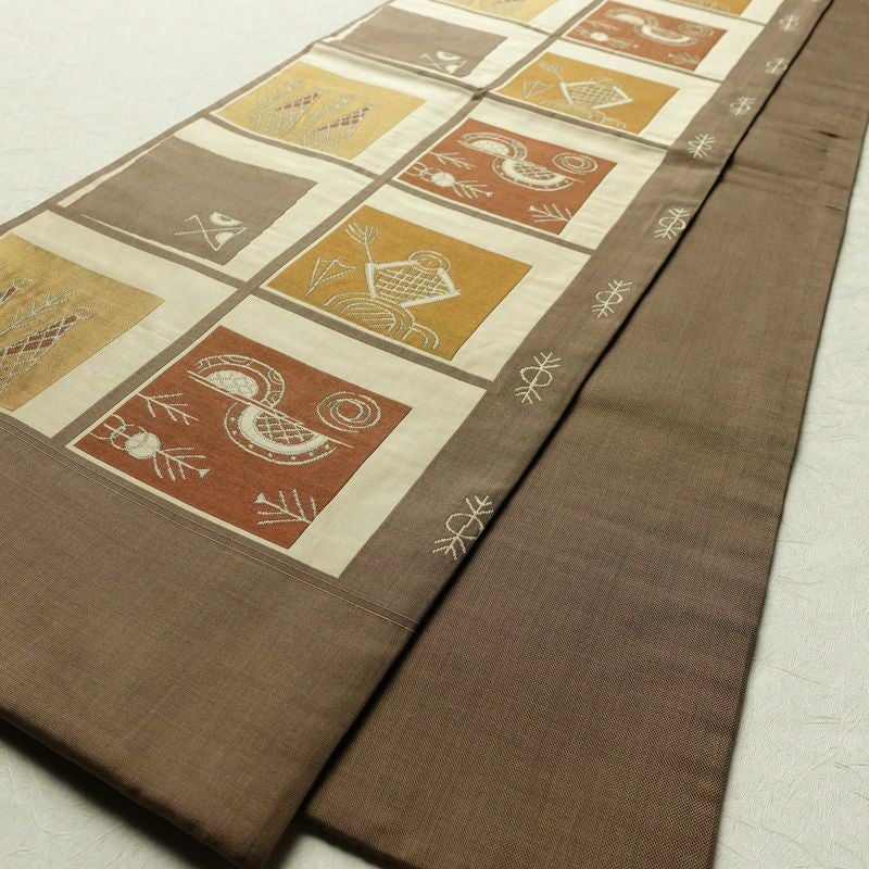 袋帯 六通柄 一般用 正絹 幾何学柄・抽象柄 帯 茶_画像9