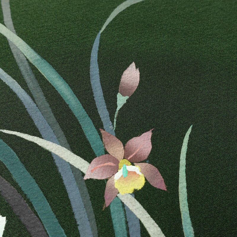 訪問着 良品 落款入り 手描き縮緬 一つ紋付き 正絹 花柄 袷仕立て 身丈160.5cm 裄丈67cm フォーマル 着物 緑・うぐいす色_画像7